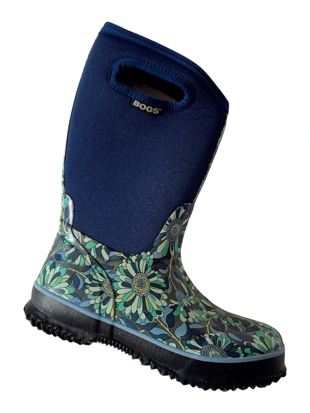 BOGS Boot Winter Snow Rain Insulated Floral Blue Green Classic High Top Navy